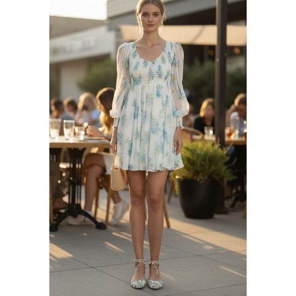 Zimmermann Silk Green White Floral Smocked Babydoll Mini Dress Size 1 M No Liner - Picture 2 of 16